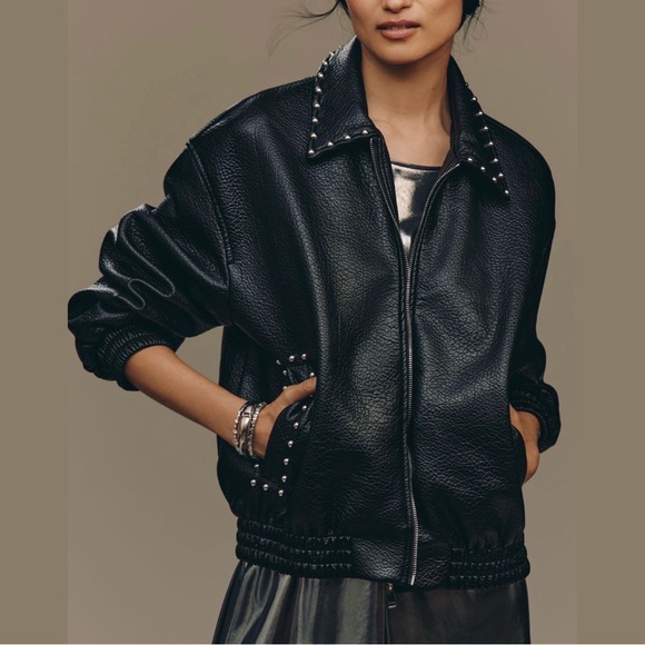 Anthropologie Pilcro Rylie Studded Faux-Leather Bomber Jacket Black Medium NWT - Picture 16 of 16